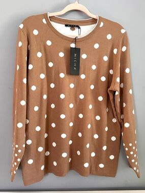 MICHA - NWT Women’s, Camel & White Polka Dot Sweater, Long Sleeve, Sz XL